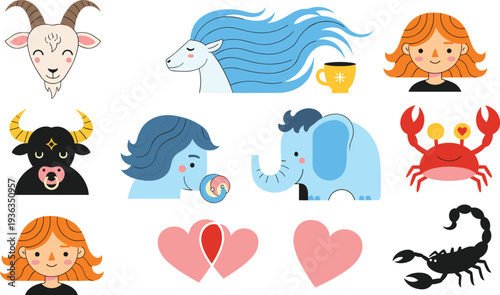 Zodiac Signs Icons Collection with Aries Taurus Gemini Cancer Leo Scorpio Characters Flat Vector Illustration