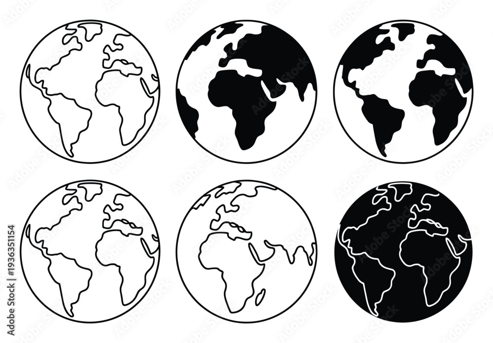 Obraz premium Globe Icons Set Black White Vector Illustration