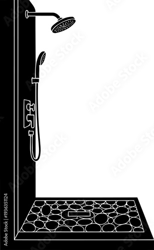 Walk-in shower unit silhouette displaying a pebble floor texture