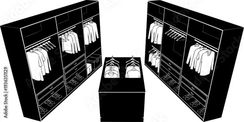 Walk-in closet organization system outline with hanging clothes and shelving