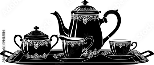 Vintage tea service silhouette on tray including teapot and sugar bowl