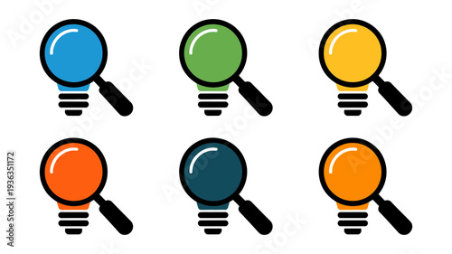 Six colorful icons blending lightbulbs with magnifying glasses, symbolizing innovative search, discovery, and insightful problem-solving.