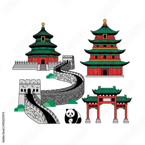China Icons: Great Wall, Temples, Panda, Archway - Traditional Chinese Architecture & Culture