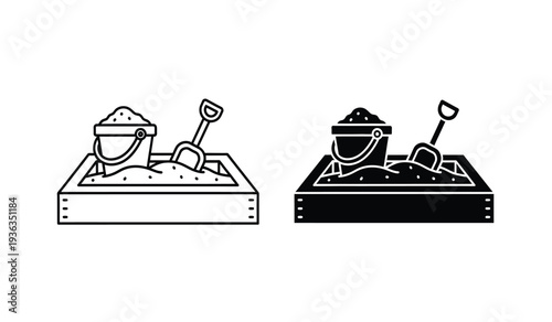 Black and white line art illustration of two sandbox scenes with shovels and buckets