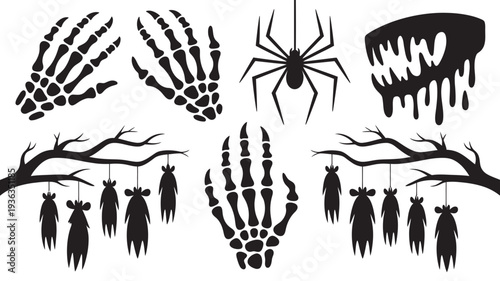 A collection of spooky black silhouette Halloween elements for decoration and holiday designs.