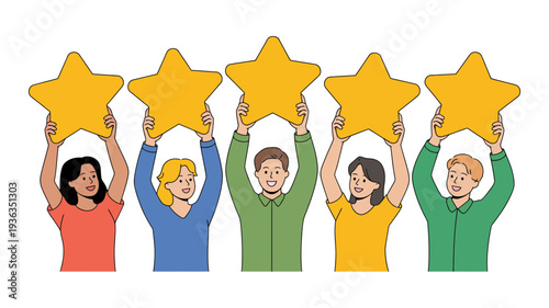 Diverse group of five happy women proudly holding up golden stars for top ratings.