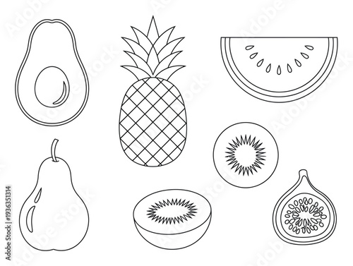 Outline illustrations of various fruits including avocado, pineapple, watermelon, pear, kiwi, and fig