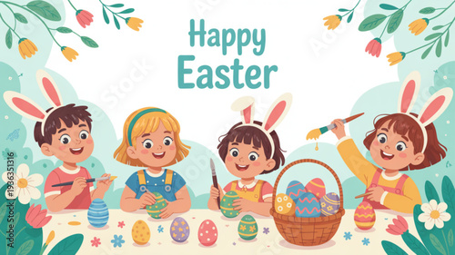 Happy easter children decorating colorful eggs with bunny ears
