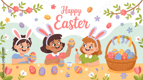 Happy easter celebration with diverse children wearing bunny ears and decorating eggs at a table