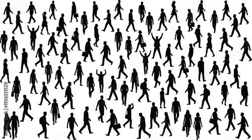 Walking People Silhouettes Mega Collection, Diverse Men and Women Crowd in Motion, Isolated Black Human Figures Set