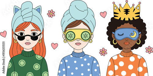 Cute Girls Self Care Routine with Face Masks Towels and Skincare Cartoon Characters Vector Illustration