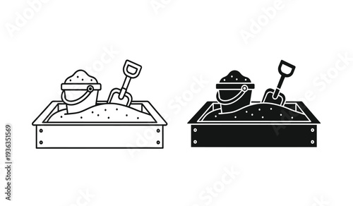 Black and white illustration of two sandbox scenes with shovels and buckets