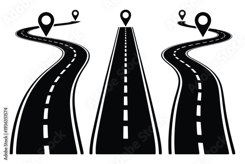 Three Roads with Location Pins: A Journey or Decision Point