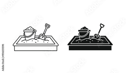 Black and white line art illustrations of sandboxes with buckets and shovels