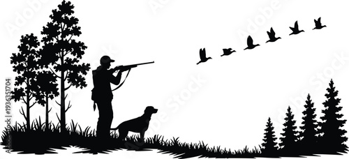 Hunter with dog aiming shotgun at flying ducks, forest landscape silhouette, outdoor hunting scene with trees, wildlife birds in sky nature illustration