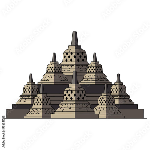 Ancient Buddhist Temple Architecture, Stone Stupas, Spiritual Landmark Illustration