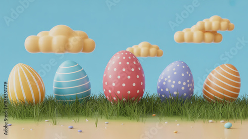 Colorful easter eggs in grass with clouds decorated eggs on a sunny day with blue sky