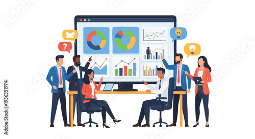 Business team analyzing data on large screen.