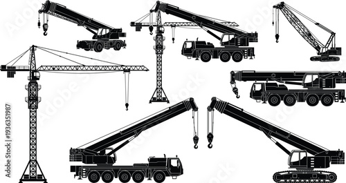 Construction Crane Silhouettes Collection, Tower Mobile Crawler Cranes with Hooks, Heavy Equipment Isolated Black Machinery Set
