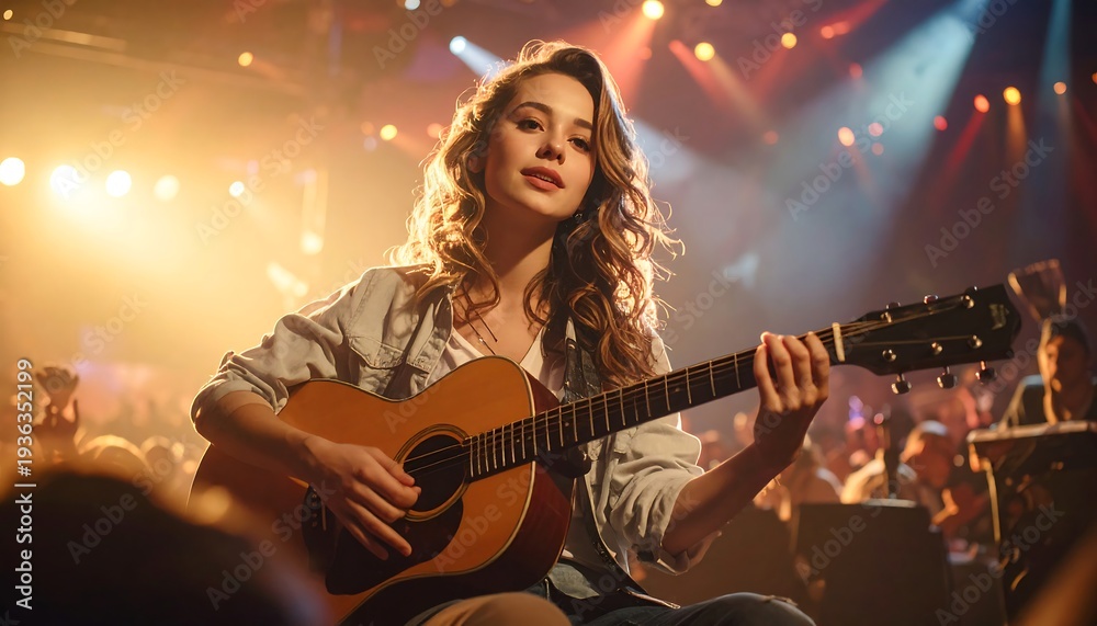 Obraz premium A woman plays an acoustic guitar on stage