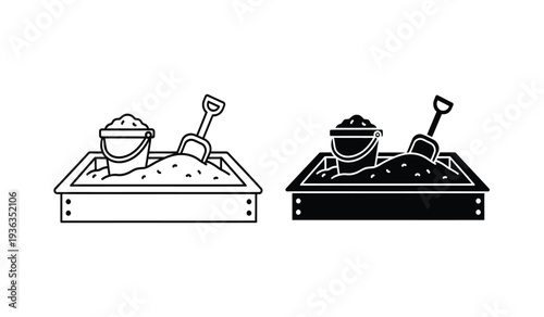 Black and white illustration of two sandbox trays with shovels and buckets