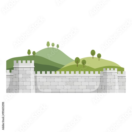 Ancient stone fortress wall with green rolling hills and trees in the background