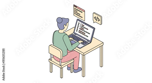 Person coding on laptop, isometric illustration, web development concept