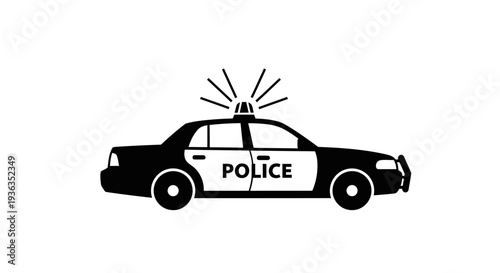 Police Car Icon, Black and White Vector Graphic with Siren Light