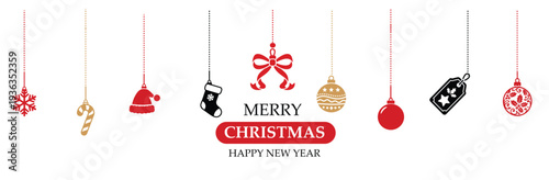 Christmas Hanging Ornaments Banner with Snowflake Candy Cane Santa Hat Stocking and Baubles Minimal Holiday Decoration Vector.eps