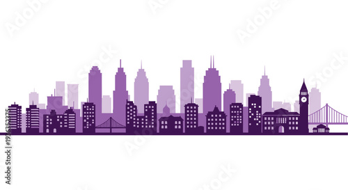 Purple City Skyline Silhouette with Bridge and Clock Tower