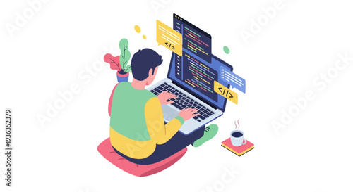 Programmer working on laptop, coding and developing software, isometric illustration
