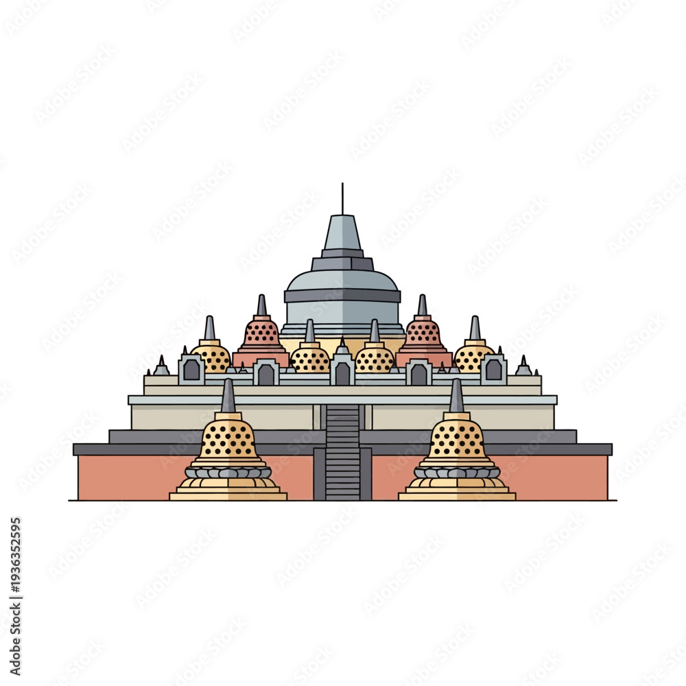 Obraz premium Borbobudur Temple Illustration: Ancient Buddhist Monument, UNESCO World Heritage Site