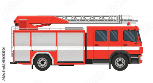 Red Fire Truck with Ladder on White Background