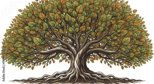 Large tree silhouette, autumn leaves illustration, colorful canopy artwork, detailed root system design, nature growth concept, seasonal transition forest art