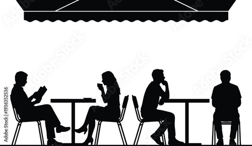 Cafe People Silhouettes, Men and Women Sitting at Table Drinking Coffee Reading, Isolated Black Figures on White