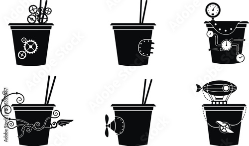 Creative Steampunk Flower Pots Silhouette Set with Gears, Pipes and Fish, Industrial Fantasy Garden Decor, Mechanical Planter Vector Illustration