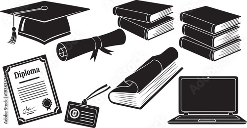 Graduation and education icons in black and white style