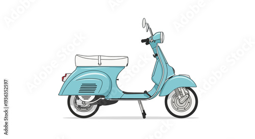 Retro Blue Scooter Isolated on White Background, Vintage Style Motorbike