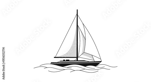 Sailing boat silhouette on wavy water, minimalist vector illustration