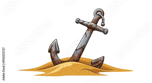 Rusty Anchor Stuck in Sandy Seabed, Nautical Symbol of Stability and Security