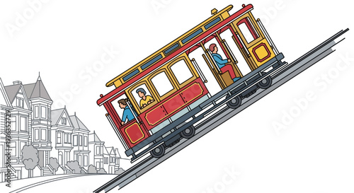 San Francisco Cable Car Climbing Steep Hill with Victorian Houses
