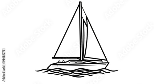 Sailing Yacht Silhouette on Wavy Water, Outline Drawing