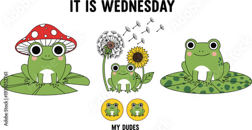 Funny Wednesday Frog Meme with Cute Frogs Mushroom and Flowers Cartoon Vector Illustration Isolated on White