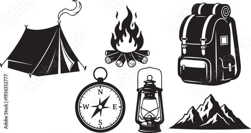 Camping and hiking icons in black and white color