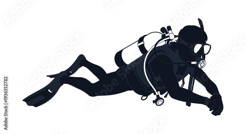 Scuba Diver Silhouette Swimming Underwater Isolated on White Background