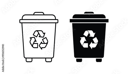 Recycling bins with recycling symbols in black and white