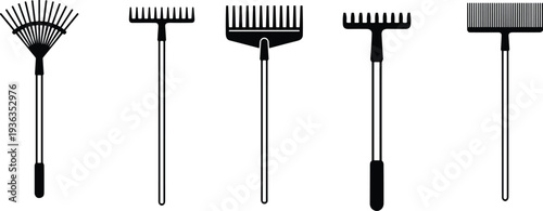 Garden rake silhouette set showing different leaf and soil rakes, outdoor tools illustration for gardening, landscaping, yard work, and maintenance concepts