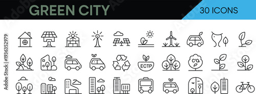 Green city line icon set with eco friendly urban elements, renewable energy, recycling, clean transport, sustainability, and environmental protection concepts