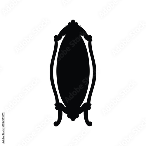 Elegant antique ornate oval mirror with scrolled legs and black silhouette