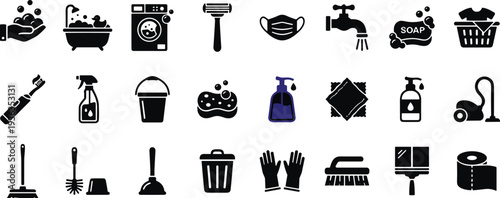 Cleaning supplies icon set showing household hygiene tools, sanitation products, disinfecting equipment, and maintenance essentials for home and commercial cleaning